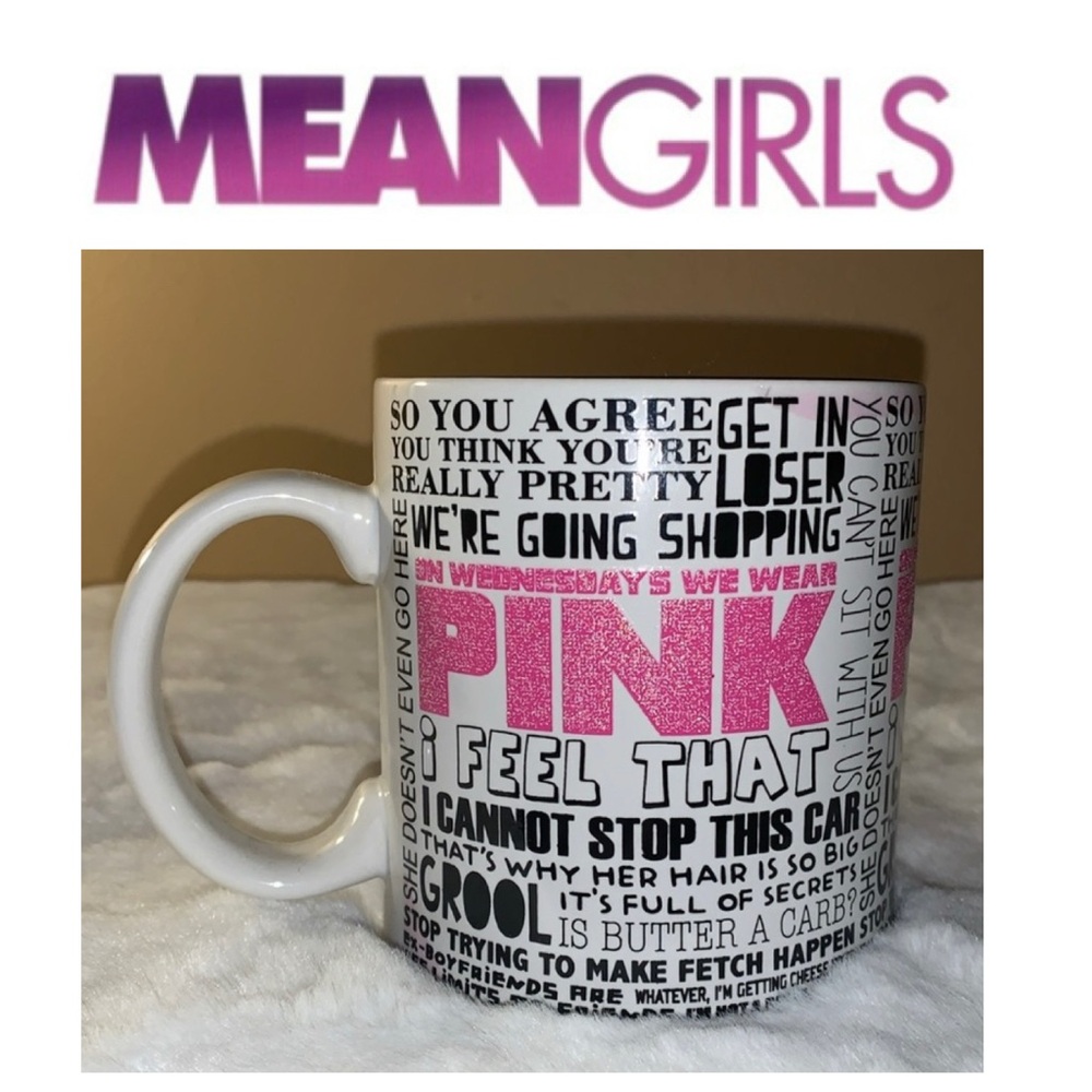 🌺 MEAN GIRLS Pink Black & White Text Ceramic Mug NWT